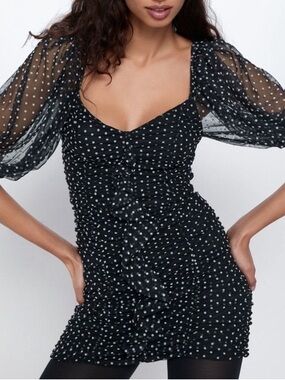 Zara Black Polka Dot Puff-Sleeve Mini Dress